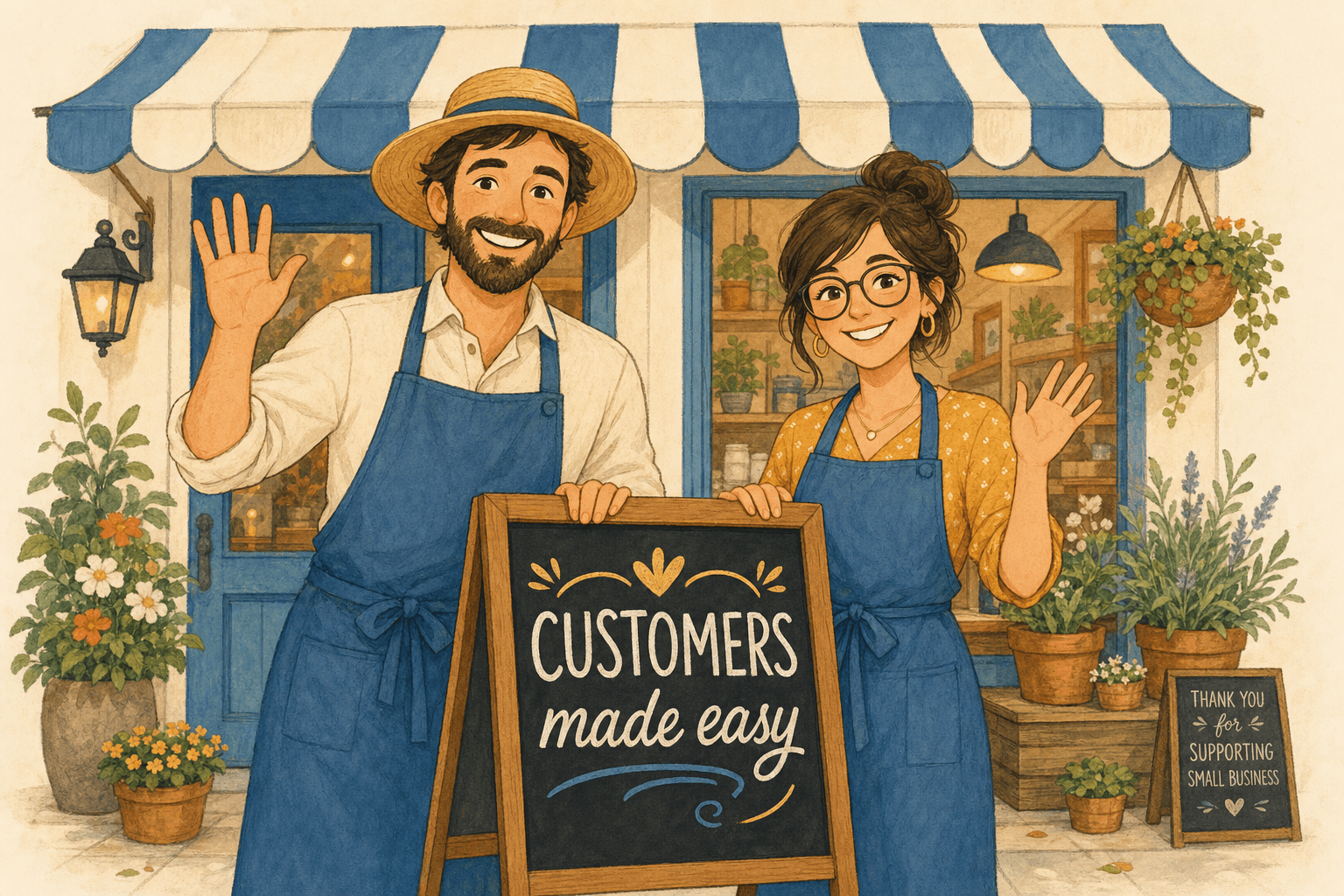 Two small business owners welcoming customers outside their shop