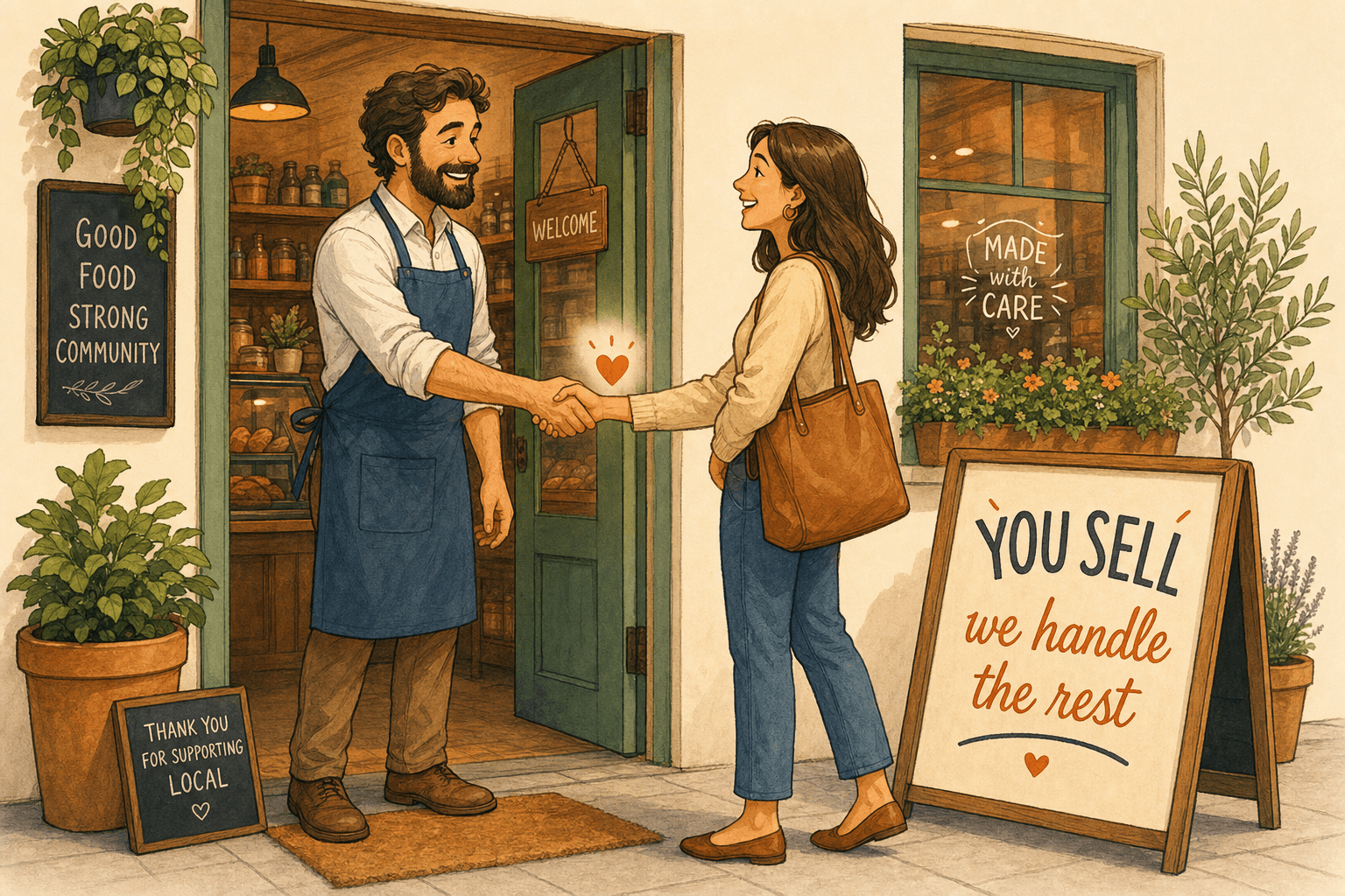 Shop owner shaking hands with a customer — you sell, Nula handles the rest