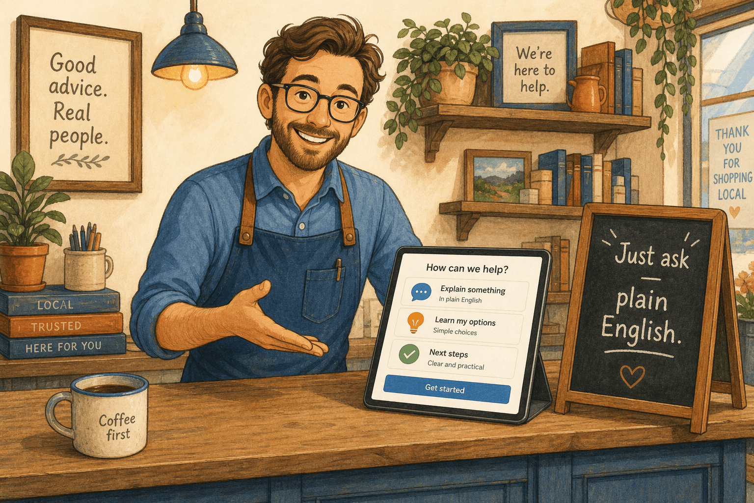Shop owner asking Nula for help in plain English at the counter