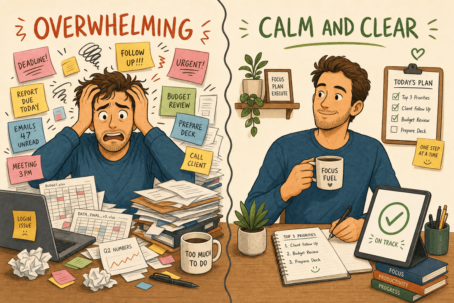 Comparison of overwhelming CRM chaos versus calm and clear workflow with Nula