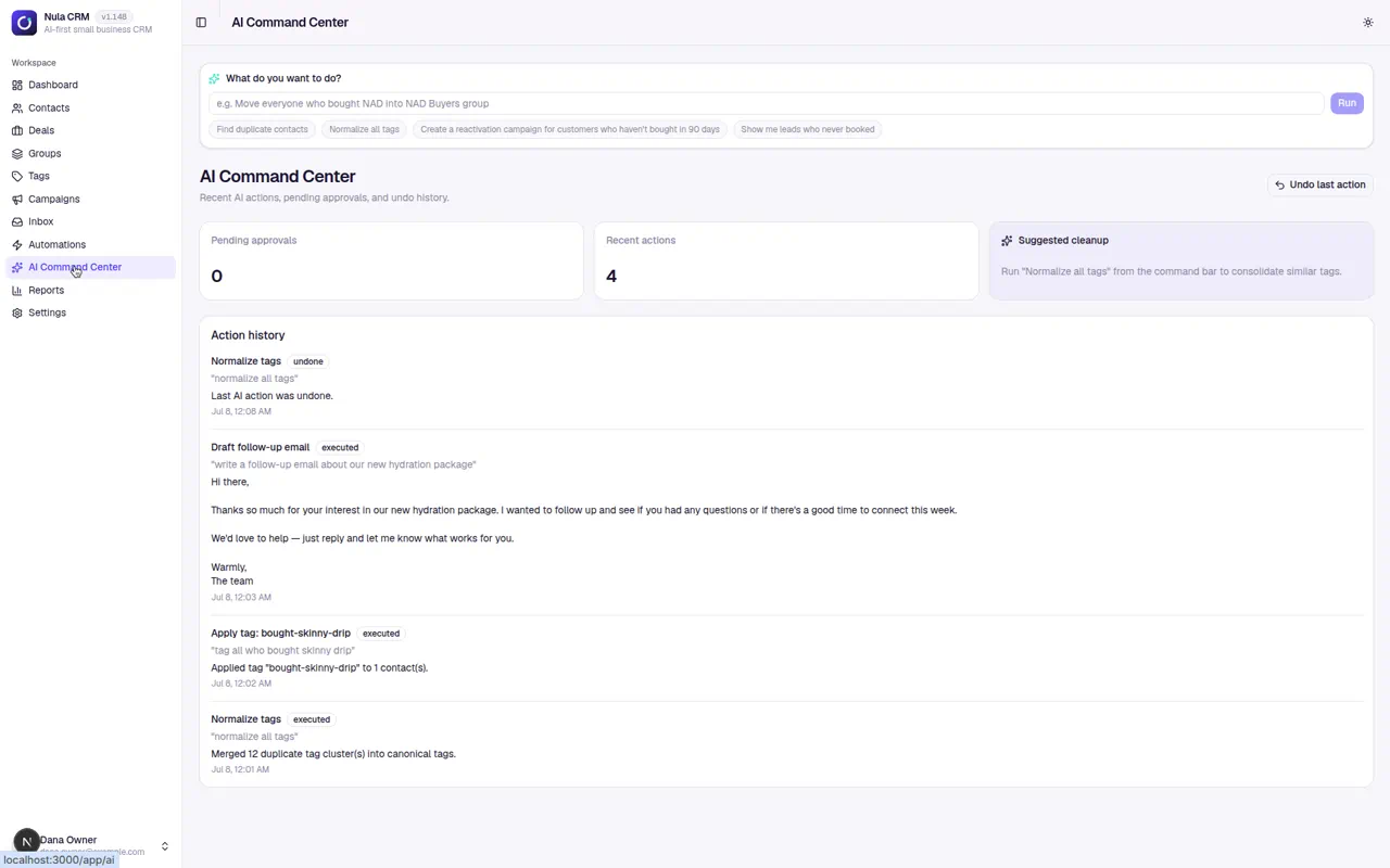 Nula CRM AI Command Center with action history and undo