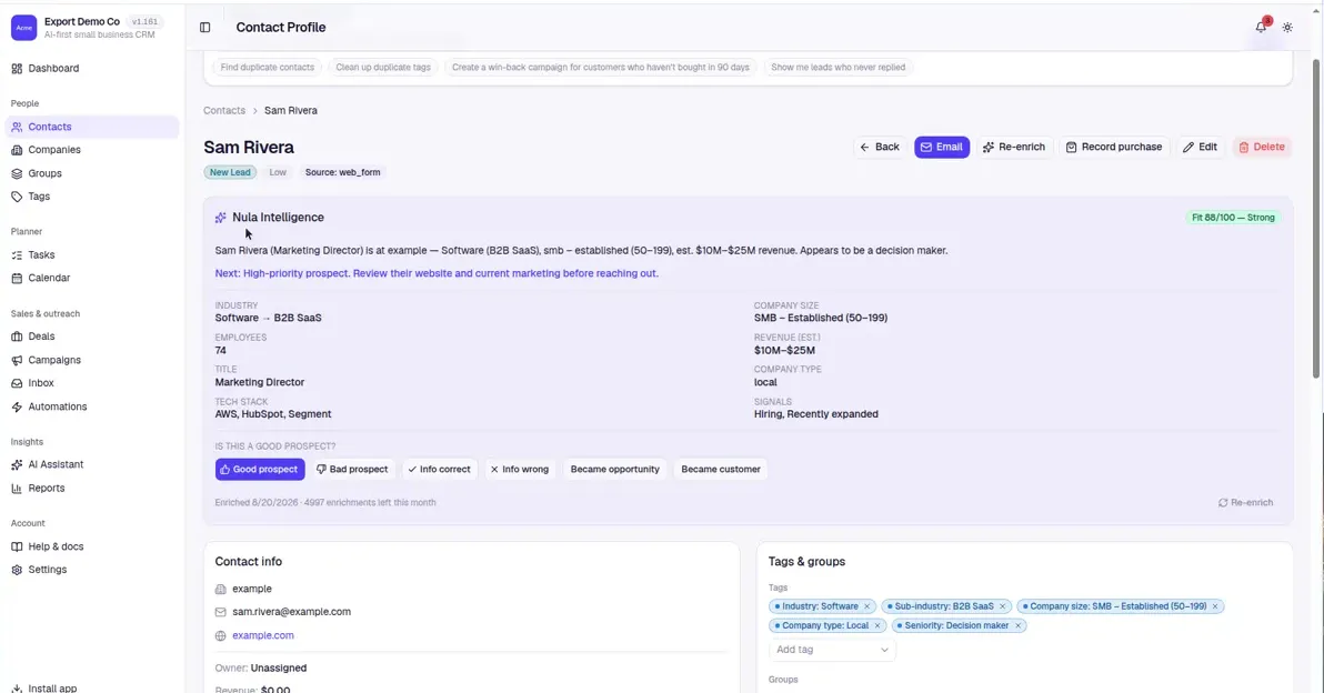 Nula B2B Intelligence card on a contact — a fit score, industry, company size, revenue estimate, title, tech stack, and a recommended next step
