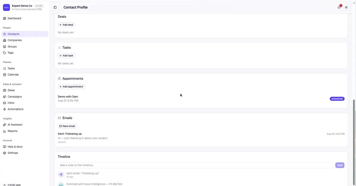 A contact's email history and activity timeline in Nula, including sent emails and enrichment