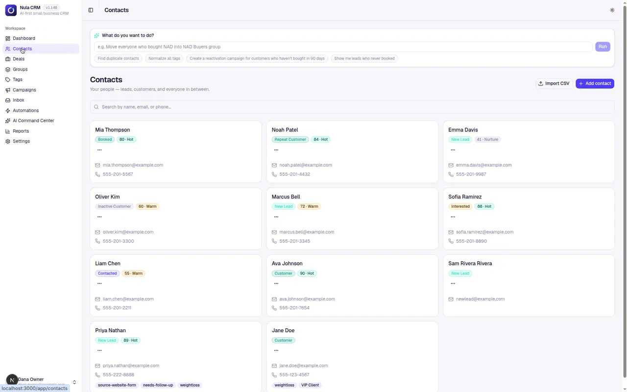 Nula CRM contacts list with lifecycle stages and lead scores