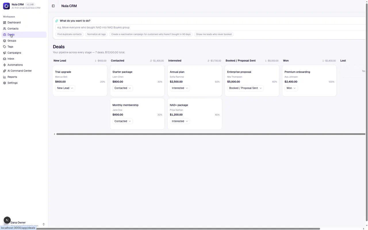 Nula CRM deals pipeline organized by stage