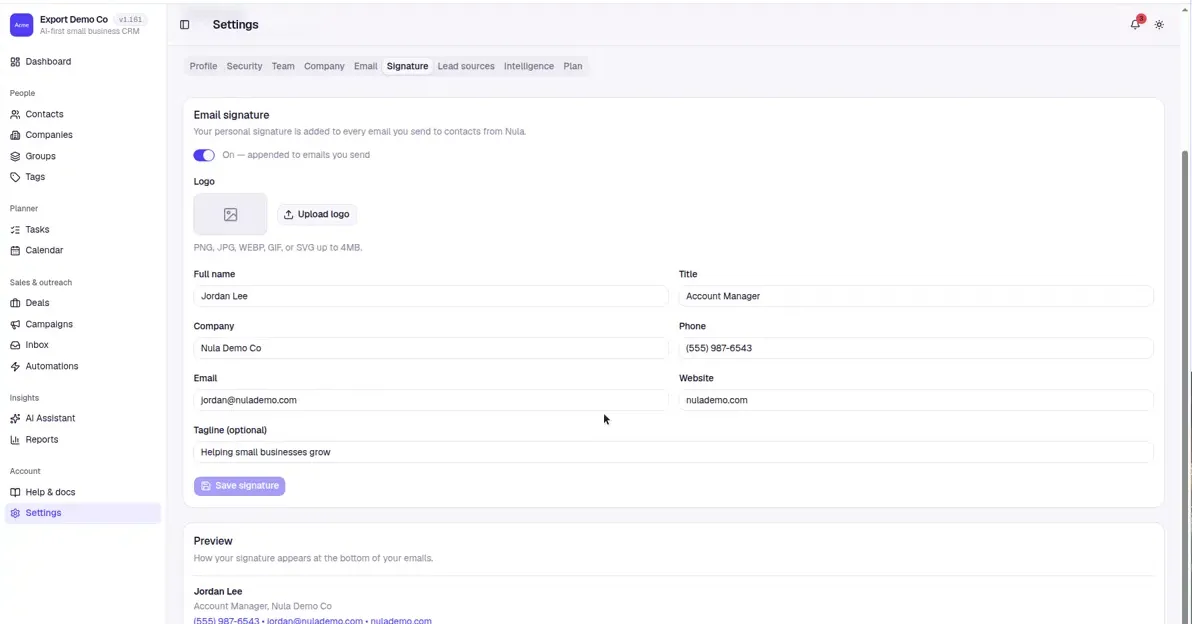 Nula email signature creator with fields and a live preview, added to every email you send