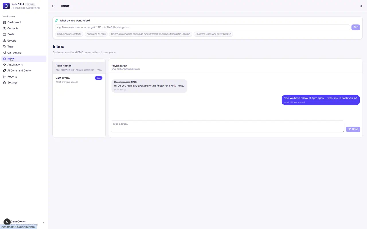 Nula CRM unified inbox of email and SMS conversations
